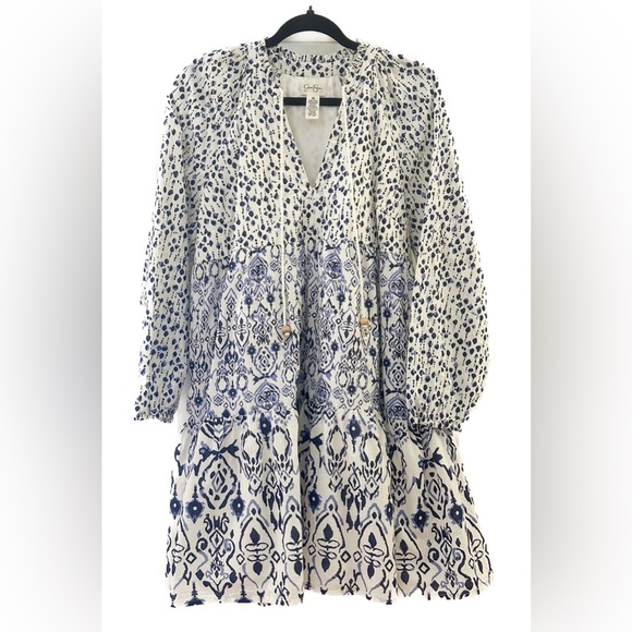 Jessica Simpson Tapestry Floral Tiered Long Sleeve Baby Doll Mink Dress Blue XL - Picture 1 of 5